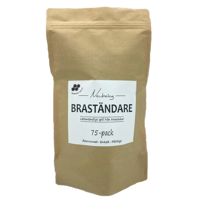 Newbeing braständare 75‑pack av svenskt bivax i brun pappersförpackning, naturliga återvunna tändkuddar för enkel och miljövänlig upptändning av brasa, kamin och grill