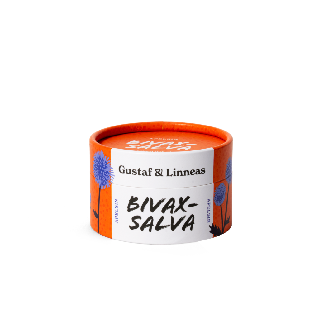 Stängd burk ekologisk bivaxsalva apelsin från Gustaf & Linnea i orange design med blå blommor