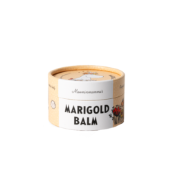 Stängd burk Moominmamma’s Marigold Balm från Gustaf & Linnea med beige Muminmotiv på locket