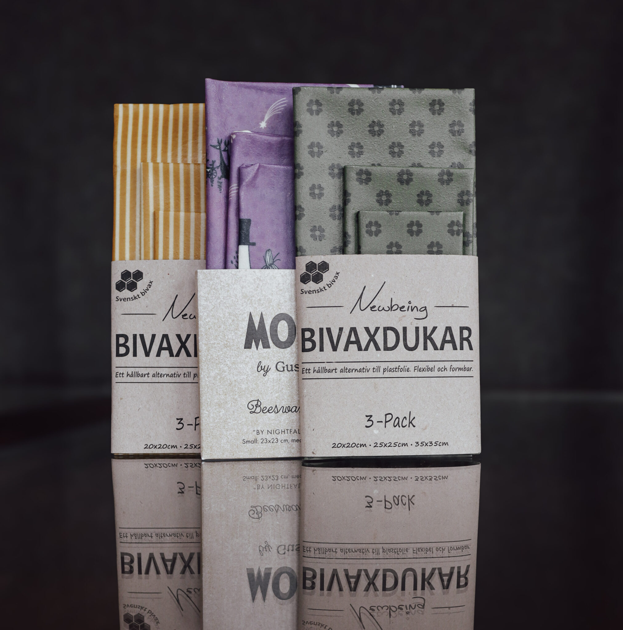 bivaxdukar 3‑pack i svenska mönster från Newbeing och Gustaf & Linnea