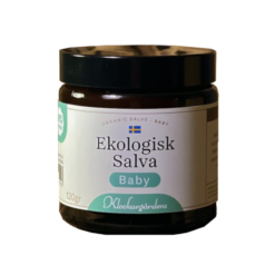 Klockargårdens ekologiska babysalva i elegant brun burk med vit etikett och tydlig svensk profil som signalerar trygg och skonsam hudvård för små barn