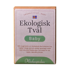 Ekologisk babytvål i kartongförpackning med svensk flagga och grön babyetikett