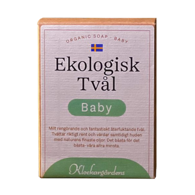 Ekologisk babytvål i kartongförpackning med svensk flagga och grön babyetikett