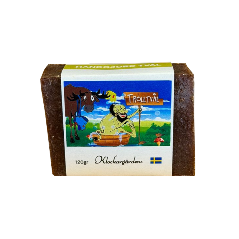 Trollgubbens Naturtvål med färgstark etikett och handgjord tvål i naturtoner