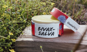 Gustaf och Linnea apelsin bivaxsalva i pappförpackning med naturligt bivax och apelsinolja placerad på trä i utomhusmiljö för ekologisk hudvård
